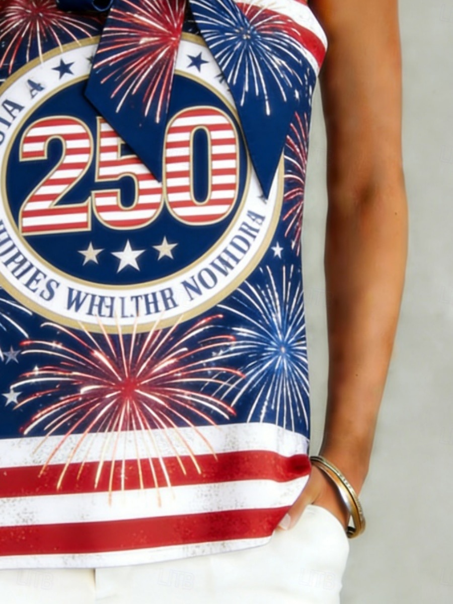 Amerikanska självständighetsdagen Dam Satin topp Linne Ärmlös tröja T-tröja Knyta knut Grafisk Amerikanska flaggan Mode Klassisk Ledigt Ärmlös kall axel Vanliga toppar Dagligen Utekväll Helgen Blå 2026 - $31.99 –P3