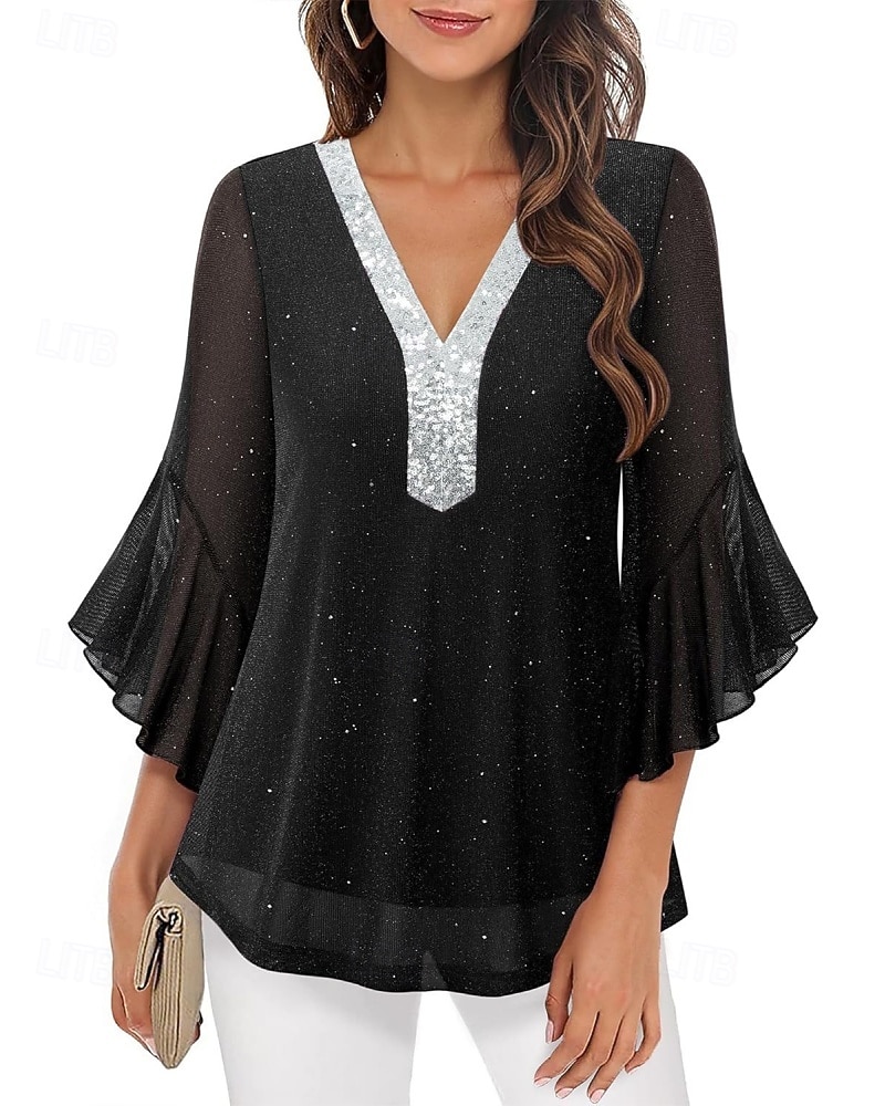 Mulheres Blusa Tops de lantejoulas Patchwork Bloco de cor à moda Moderno Manga 3/4 Sino Decote V Tops regulares Diário Feriado Para Noite Azul Preto Vermelho Verde Verão Primavera de 2026 por $31.99 –P6