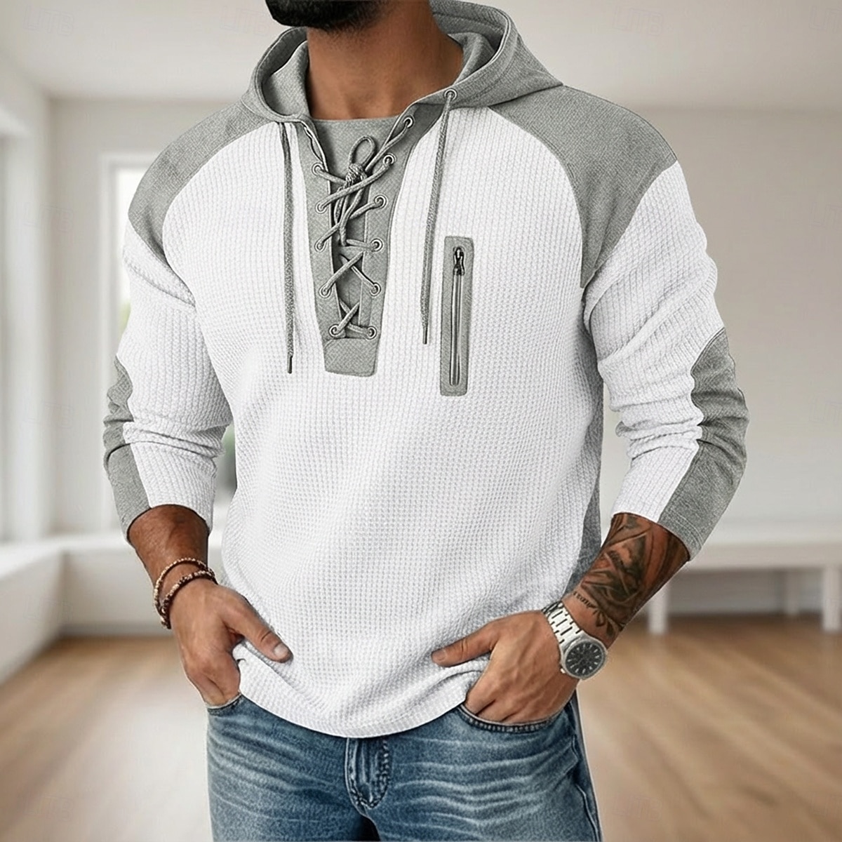 رجالي تي شيرت وافل تي شيرت وافل هينلي قميص كم طويل مع قبعة ربط الحذاء حتى الرقبة الخريف خريف & شتاء لون الصلبة محكم التقليدية / المعتقة هودي رباط فضفاض المنزل الأماكن المفتوحة أزرق فاتح أسود أبيض 2026 - $26.99 –P10