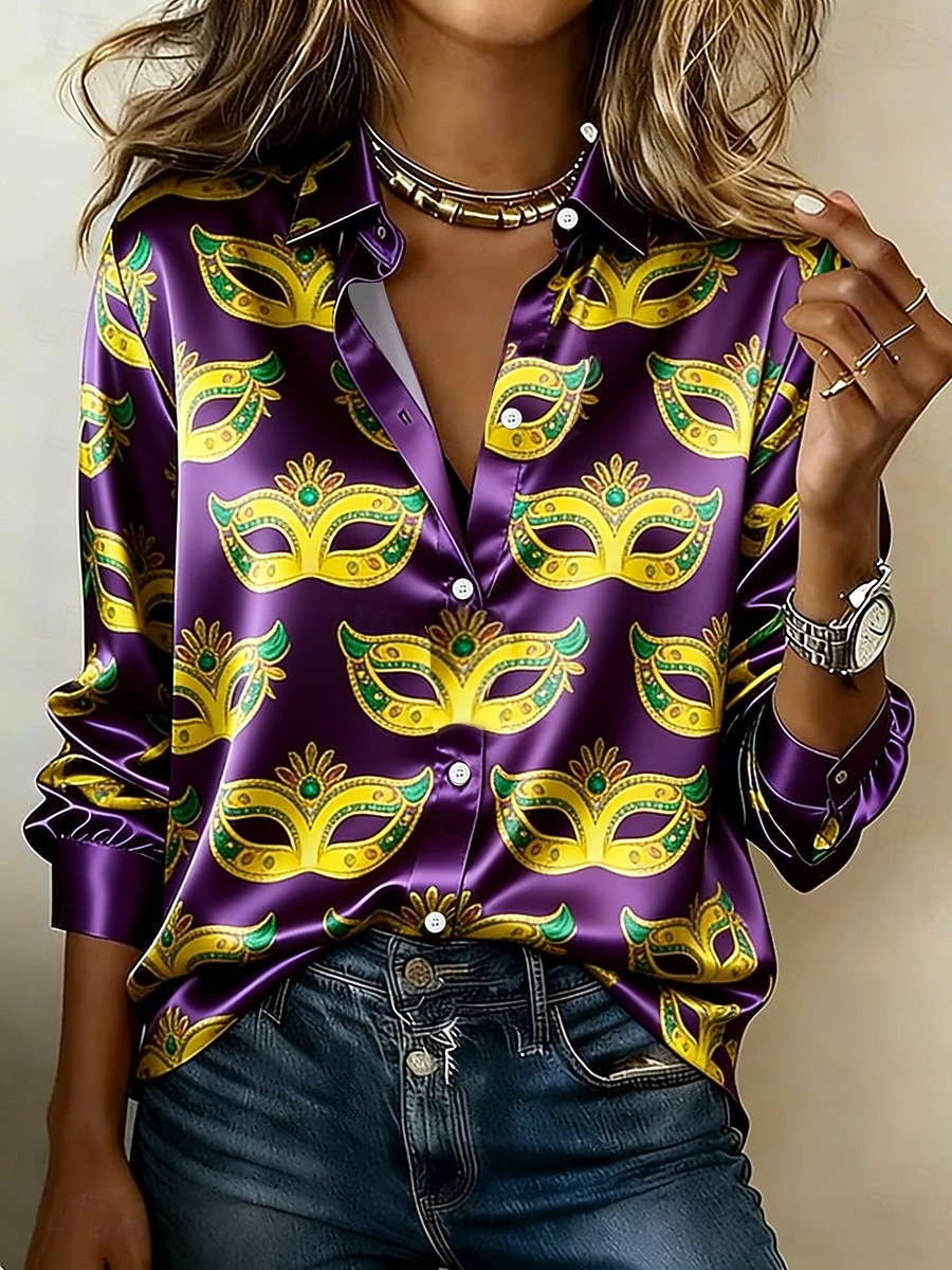 Mardi Gras Dámské Košile Grafika Geometrický Abstraktní Vinobraní stylové Moderní Dlouhý rukáv Košilový límec Běžné topy Denní Dovolená Žlutá Fialová Trávová zelená Léto Jaro 2026 - $28.99 –P3