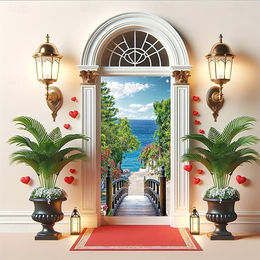 Baner na drzwi z motywem plaży śródziemnomorskiej, 3D, łukowy, kamienny widok, tropikalny krajobraz oceanu, do powieszenia na ścianie w przedpokoju, sypialni, domu 2026 - $17.99 –P8