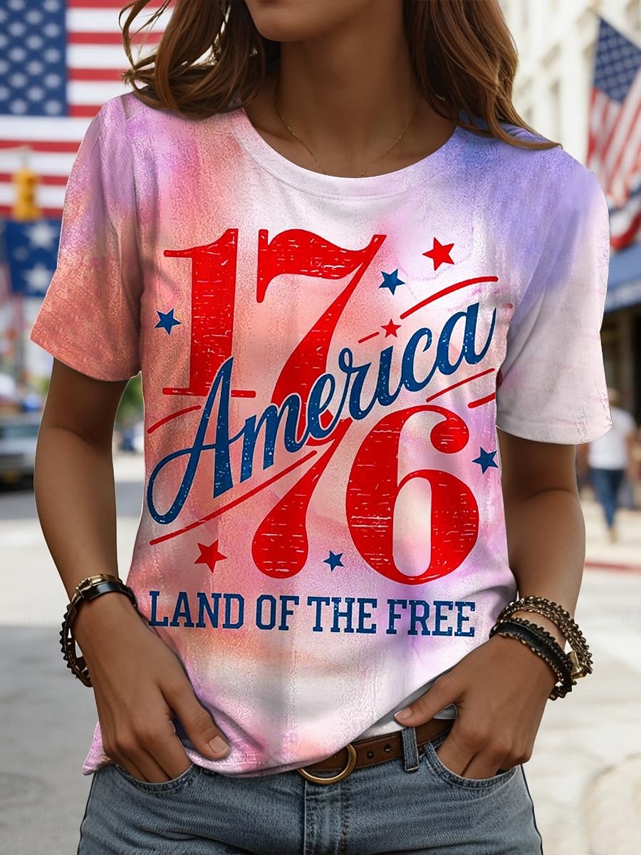 Självständighetsdagen Amerikansk Jubileum Patriotisk Kvinnors T-shirt Grafisk Bokstav Flagga Vintage Stilfull Casual Kortärmad Crew Neck Dags- och Weekendtryck Blå Rosa Röd Sommar Vår 2026 - $22.99 –P1