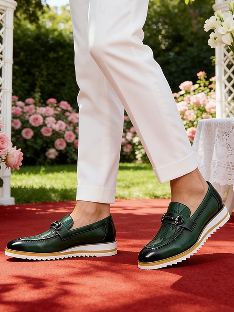 Grønne herresko i skinn, elegant slip-on-design, komfortabel polstret såle, stilig, avslappet utseende for bryllup, fester og hverdagsbruk 2026 - $89.99 –P4