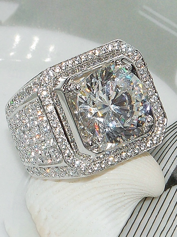 טבעת סגסוגת מצופה זהב/כסף לגברים עם זירקוניה מרובעת גדולה, משובצת ביהלומים קטנים, מושלמת ליום האהבה, חתונות ומתנות 2026 - $9.99 –P4