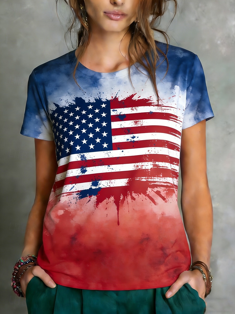 Giorno dell'Indipendenza Americana Per donna Maglietta Stampato Grafico Bandiera Americana Elegante Classico Casual Manica Corta Girocollo Top Regolari Quotidiano Sportivo Uscire Blu Estate Primavera del 2026 a $14.99 –P1