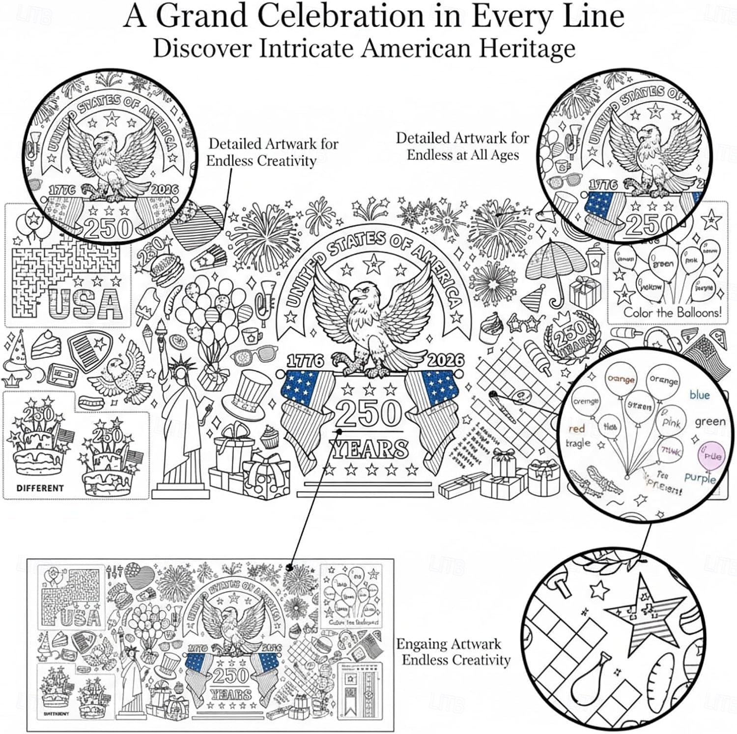 Раскраска к 250-летию США, размер 31*72 дюйма, тематическая раскраска к 250-летию для класса, дня рождения, вечеринки в честь Дня независимости Америки, универсальное использование в качестве настенного декора или скатерти. 2026 - $9.99 –P8