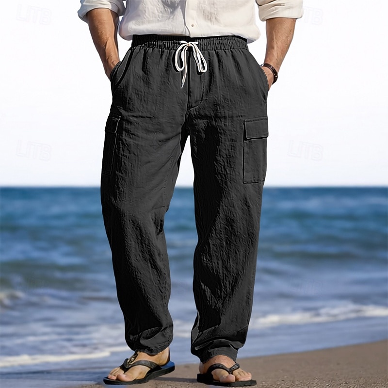Herr Linne Byxor Långbyxor Sommarbyxor Strandbyxor Snörning Elastisk midja Flera fickor Slät Lättvikt Andningsfunktion Fullängd Ledigt Dagligen Helgdag Semester Mode 다크 카키 Svart Microelastisk 2026 - $25.99 –P15