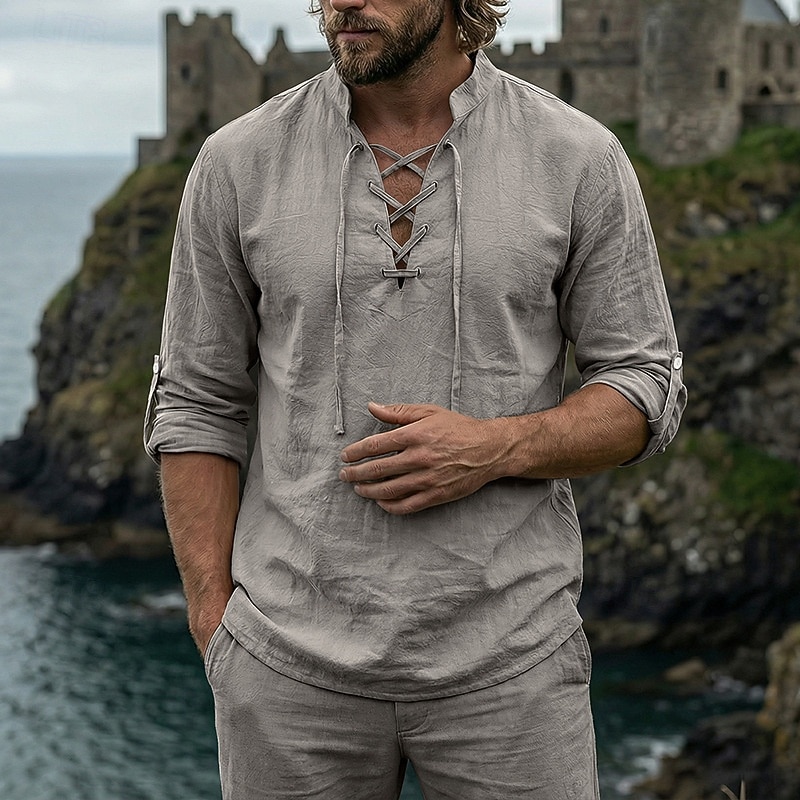 Homme Chemise Chemise en lin Style Viking Chemise popover Chemise d'été Chemise à col officier Uni Occasionnel Vacances Noir Blanche Vert Kaki manche longue Col en V Été Printemps Vêtement Tenue de 2026 ? $25.99 –P13