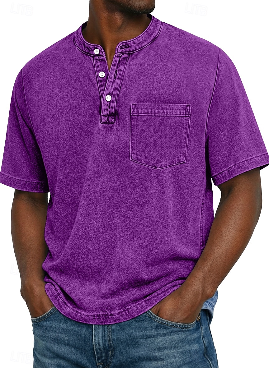 Herre Henly-skjorte 100% bomullssyre-vaskeskjorte T-skjorte T-skjorte Kortermet Ensfarget Retro / vintage Fritid Lomme Gammeldags stil Vasket Henley Avslappet Sommer Vår Høst Svart Rosa Lysegrønn 2026 - $31.99 –P6