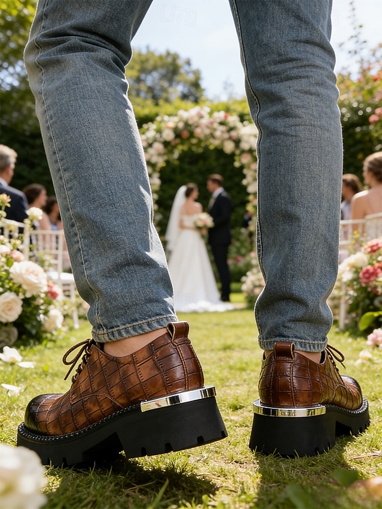 Pánské hnědé šněrovací boty z umělé kůže s robustní podrážkou, ležérní a zároveň elegantní svatební boty, skvělé pro svatební hosty i ženichy 2026 - $64.99 –P3