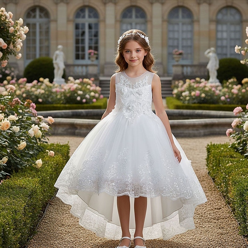 Flower Girl Dress Girls' Formal Dress Wedding Attire Party Wedding Formal Adorable Formal Princess First Communion Dress Patchwork Mesh Solid Color Sleeveless Crew Neck White Pink 4 years+ 2026 - $49.99 –P4