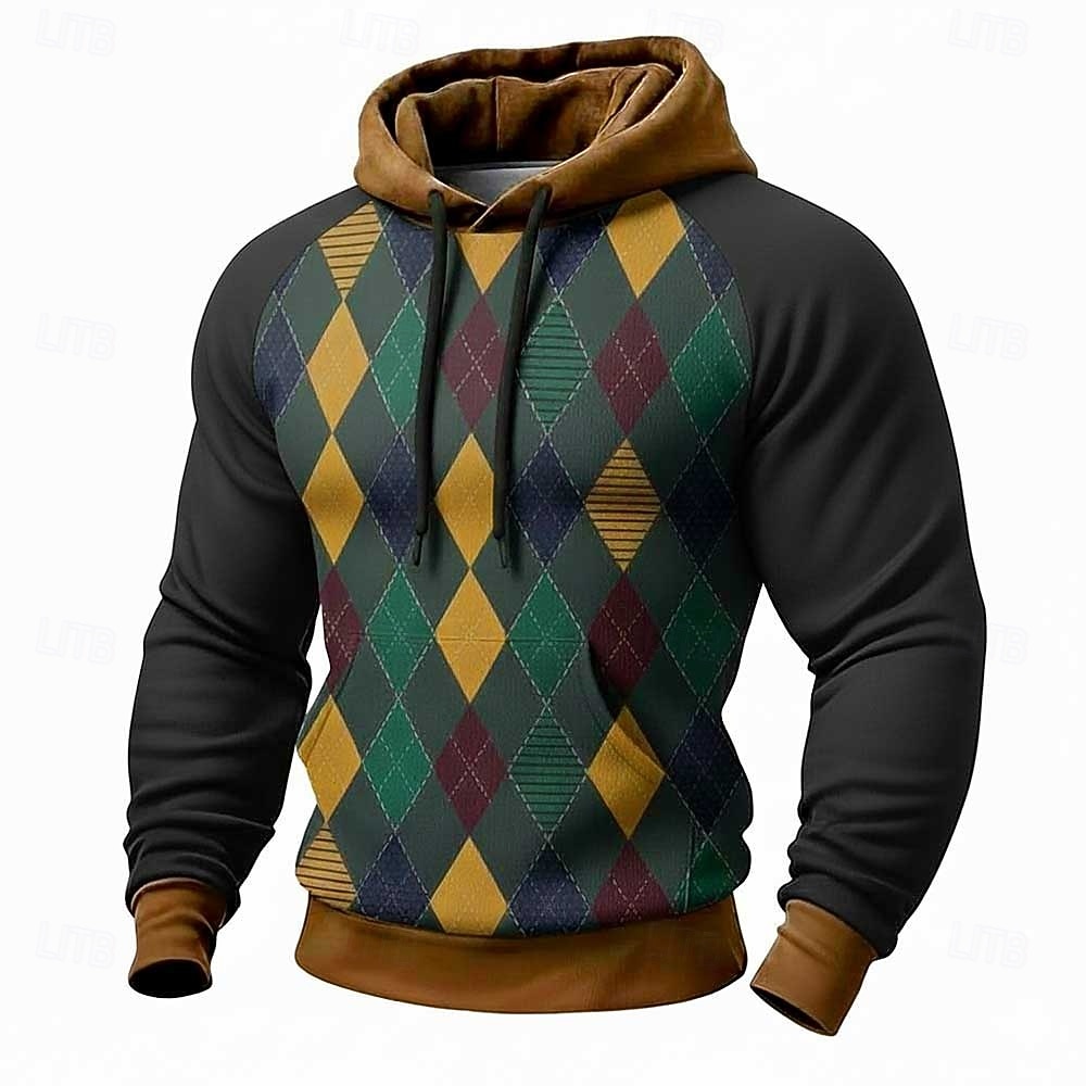 Ανδρικά Γεωμετρικό Καρό Φούτερ με Κουκούλα Πουλόβερ Μοντέρνα Καθημερινά Μακρυμάνικο Στρογγυλή Ψηλή Λαιμόκοψη Σπίτι Streetwear Πάρτι Θαλασσί Καφέ Πράσινο του τριφυλλιού Κορδόνι Φθινόπωρο Χειμώνας 2026 - $28.99 –P1