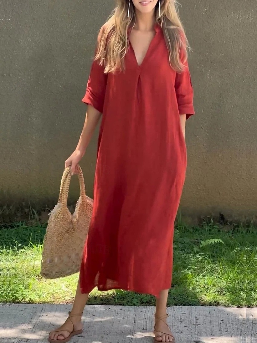 Women's Maxi Dress Shift Dress Summer Dress Casual Daily Loose Fit Plain 3/4 Length Sleeve V Neck Blue Black White Red Summer Spring Fall 2026 - $29.99 –P4