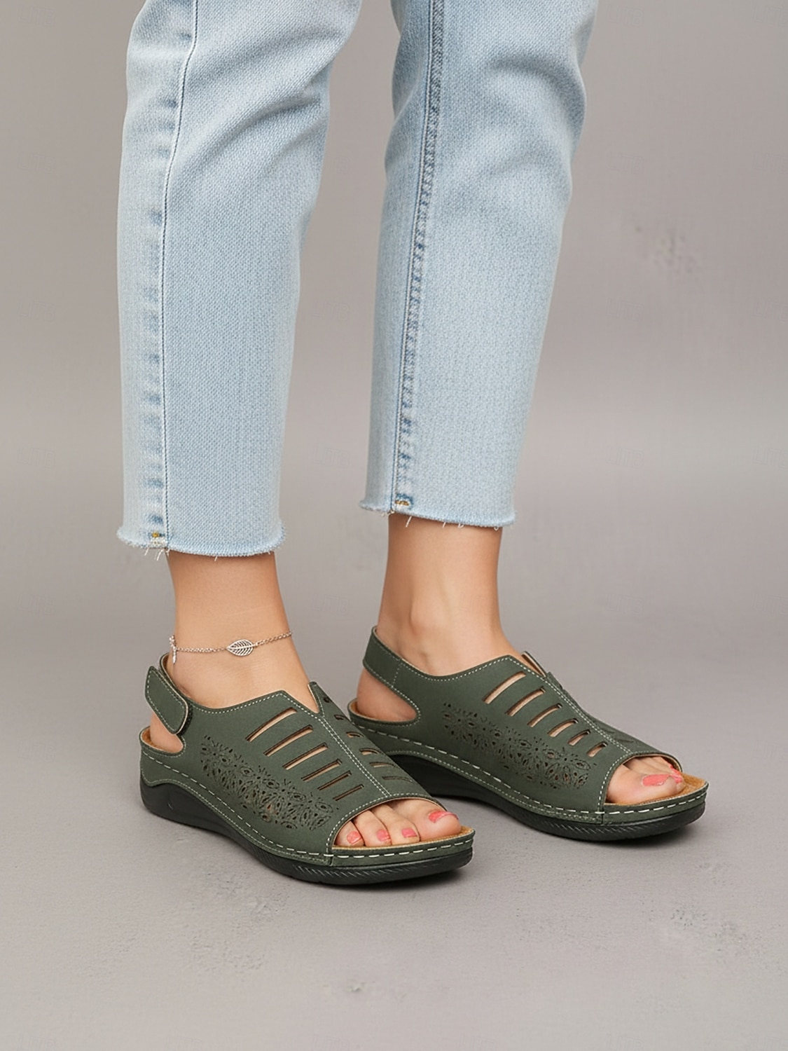 Women's Green Cut-Out Wedge Sandals – Breathable Faux Leather Upper, Supportive Heel Design for Walking, Outdoor Activities, Travel and Everyday Use 2026 - $19.99 –P3