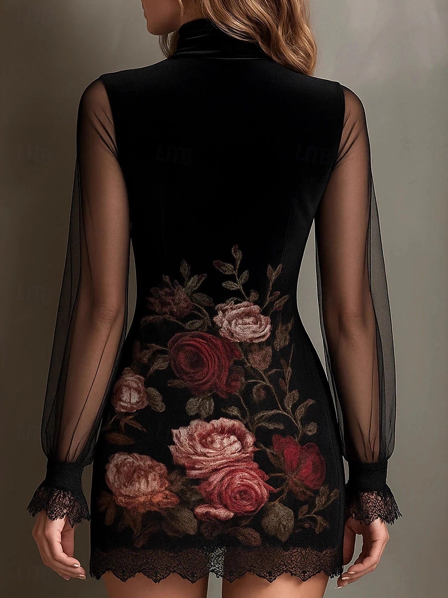 Damen Minikleid Bodycon Blumenkleid Mode Modern Outdoor Urlaub Party Normale Passform Blumen Langarm Rollkragen Blau Gelb Rosa Frühling Herbst 2026 - $35.99 –P3