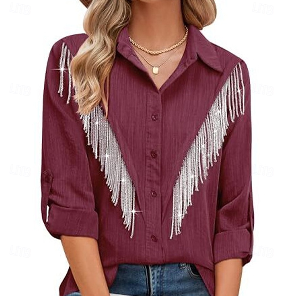 Damen Kleidhemd Knopfhemd Bluse Glitzer Knöpfe Strass Elegant Stilvoll Klassisch Langarm Umlegekragen Normale Oberteile Täglich Ferien Ausgehen Blau Schwarz Hellgrün Rosa Wein Sommer Frühling 2026 - $26.99 –P11