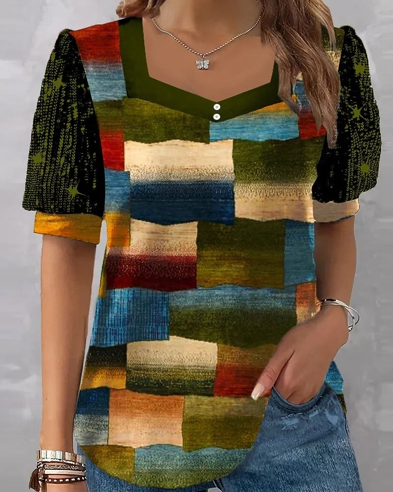 Per donna Blusa Stampato Plaid Blocco di colori Vintage Elegante Casual Manica Corta Scollo a V Top Regolari Quotidiano Ferie Uscire Blu Arancione Estate Primavera del 2026 a $9.49 –P2