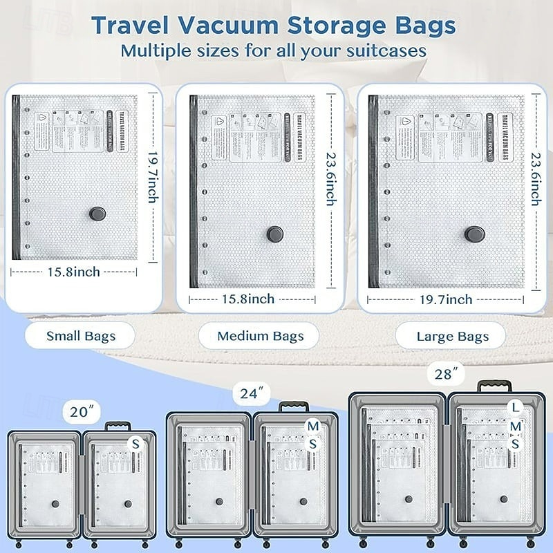 Bolsas de compresión para almacenamiento al vacío de viaje inalámbricas, juego de bolsas grises reutilizables con sellado al vacío, organizador de ropa transparente para equipaje, armario, embalaje de viaje. 2026 - $16.99 –P1
