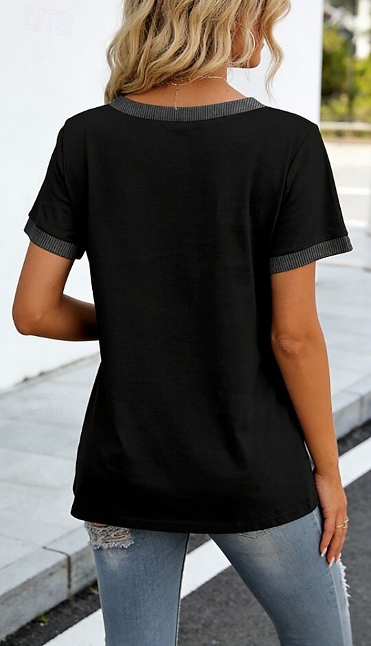Dames T-shirt Lapwerk Zak Kleurenblok Effen Kleur Stijlvol Casual Korte mouw V-hals Lange tops Dagelijks Uitgaan Zwart Wit Rood Grijs Zomer Lente 2026 - $24.99 –P2