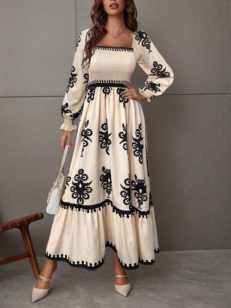 Mujer Vestido maxi Vestido de una línea Vestido de flores Elegante Moda Moderno Exterior Vacaciones Fiesta Ajuste regular Floral Manga Larga Escote Cuadrado Negro Burdeos Marrón Albaricoque Primavera 2026 - $41.99 –P1