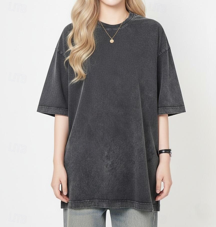 Tricou oversized pentru femei din 100% bumbac bluze vintage spălate stilat casual mânecă scurtă guler rotund bluze regulare de zi cu zi ieșiri negru vară primăvară 2026 - $26.99 –P4