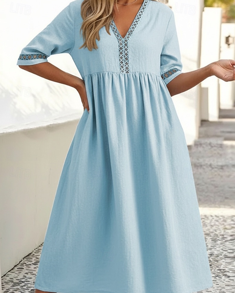 Women's 100% Cotton  Midi Dress Cotton Linen Dresses Shift Dress Fashion Modern Outdoor Vacation Going out Loose Fit Plain Half Sleeve V Neck Neon Yellow White Pink Green Summer Spring 2026 - $31.99 –P6