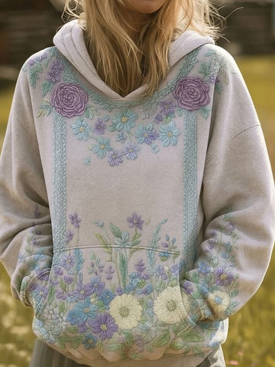 Dámská 3D tisková vintage boho mikina patchwork s květinovým pulovrem ležérní dlouhý rukáv mikina s kapucí každodenní nošení přední kapsa travně světle růžová fialová zelená jaro podzim zima 2026 - $16.99 –P5