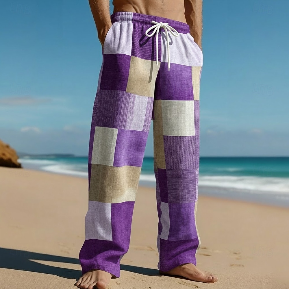 Men's Geometric Color Block Patchwork Trousers Casual Pants Baggy Pants Mid Waist Fashion Home Outdoor Vacation Elastic Drawstring Waist Linen-Like Pants with Pockets Summer Spring 3D Print Blue 2026 - $27.99 –P1