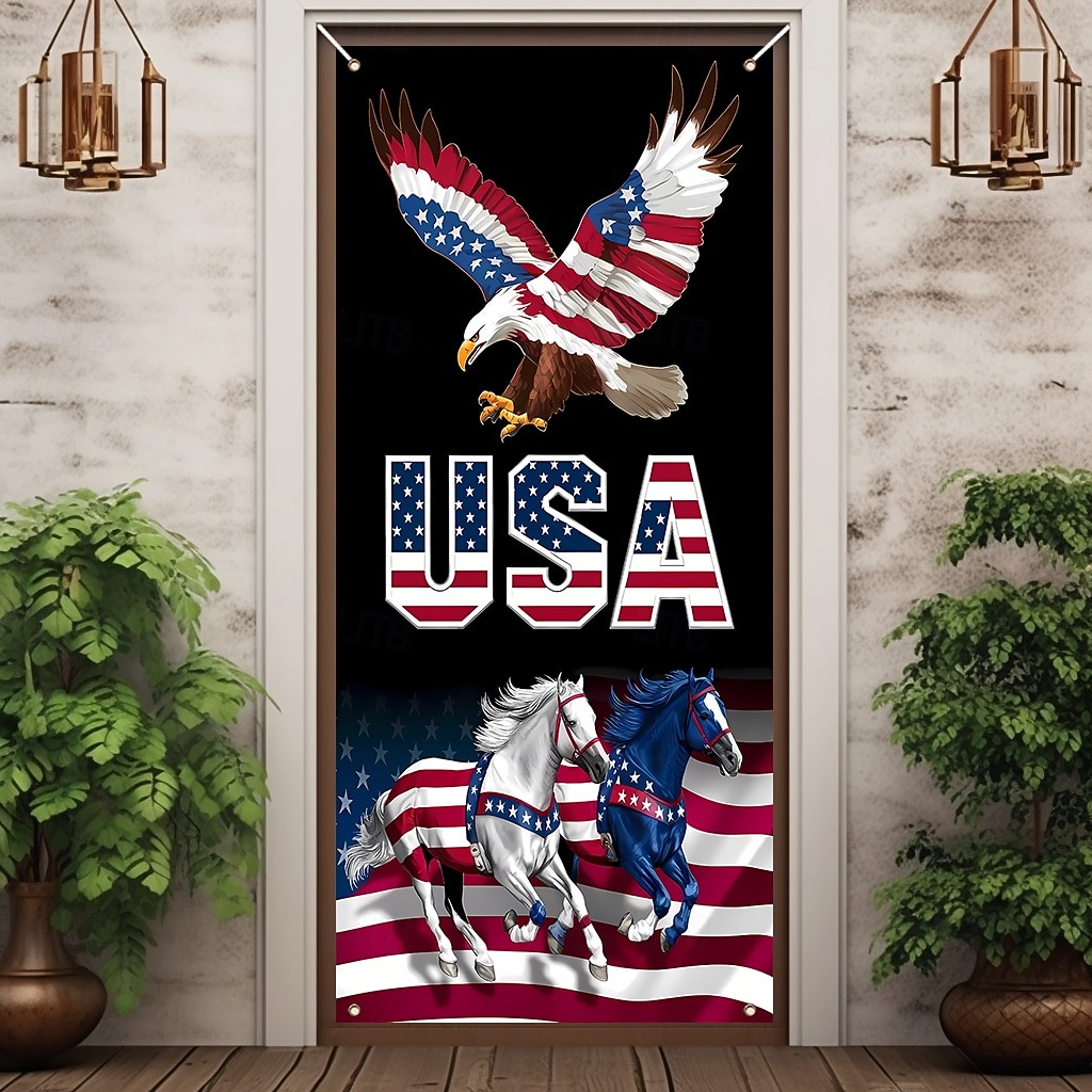 Bandeira patriótica do Dia da Independência dos EUA para porta, com a bandeira americana, águia e cavalo, decoração para o Quatro de Julho, placa para varanda, decoração para casa e exterior. de 2026 por $17.99 –P1