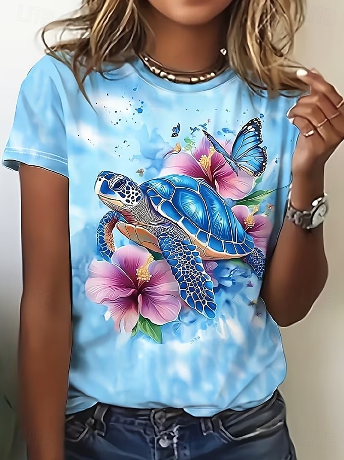 Mujer Camiseta Estampado Oceano Vintage Elegante Casual Manga Corta Cuello Barco Tops regulares Diario Azul Piscina Rosa Azul claro Verano Primavera 2026 - $22.99 –P1