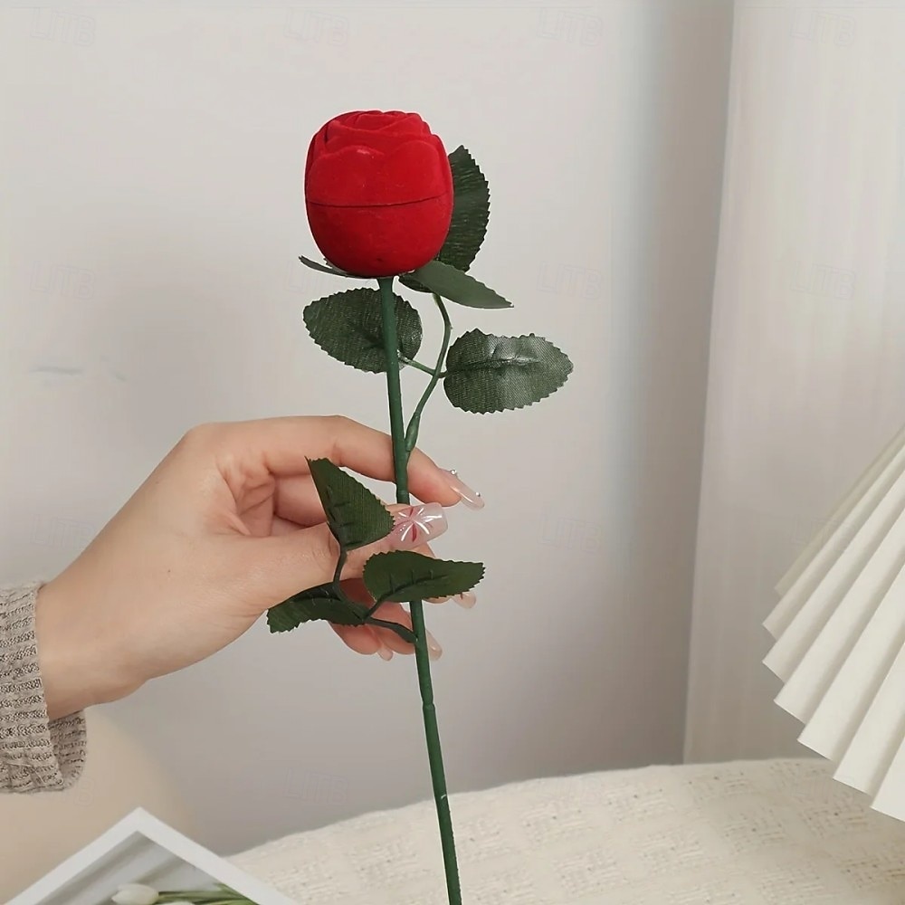 1PC Flocked Rose Ring Box Long Root Rose Creative Red Rose Flower Ring Display Box Proposal Engagement Anniversary Romantic Gift Box Wedding Jewelry Display Storage 2026 - $9.99 –P13