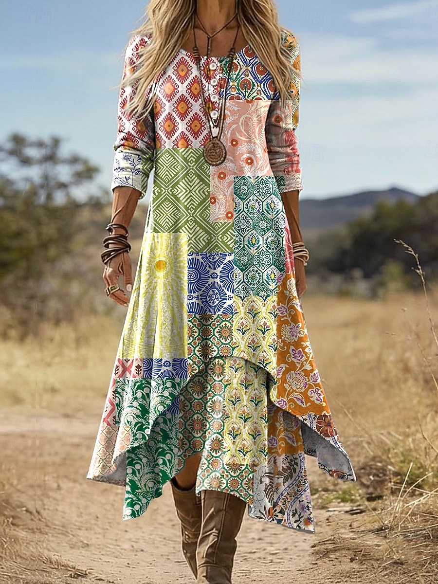 Vestido Midi Feminino Boho Vestido Shift Casual Diário Férias Ajuste Solto Gráfico Geométrico Paisley Manga Longa Decote Redondo Amarelo Claro Verde Claro Fúcsia Marrom Verão Primavera Outono de 2026 por $48.99 –P2