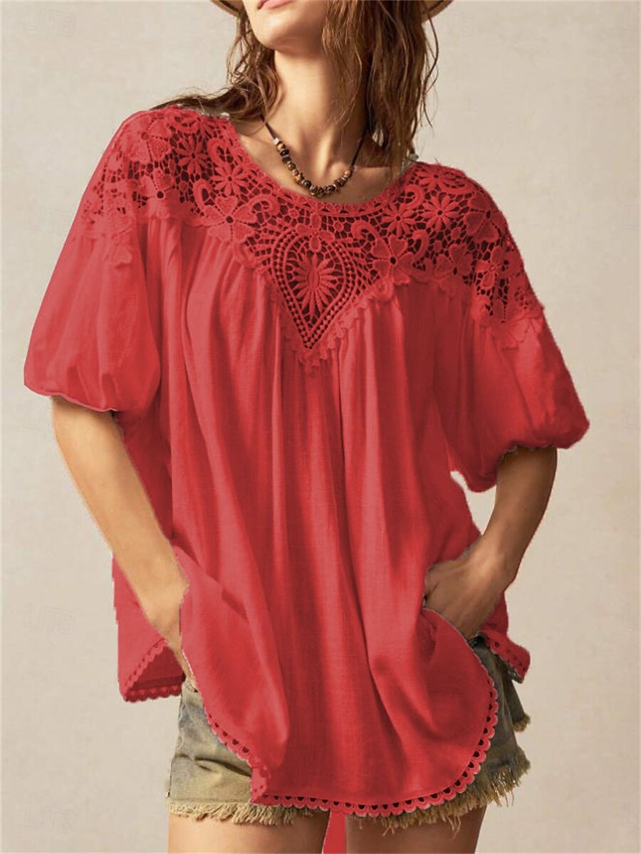 Mujer Tops de verano Blusa Tops de encaje Frunce Encaje Retazos Plano Elegante Tropical damas Manga Corta Manga de la linterna Cuello Barco Tops regulares Diario Trabajo Festivos Blanco Amarillo Rojo 2026 - $32.99 –P5