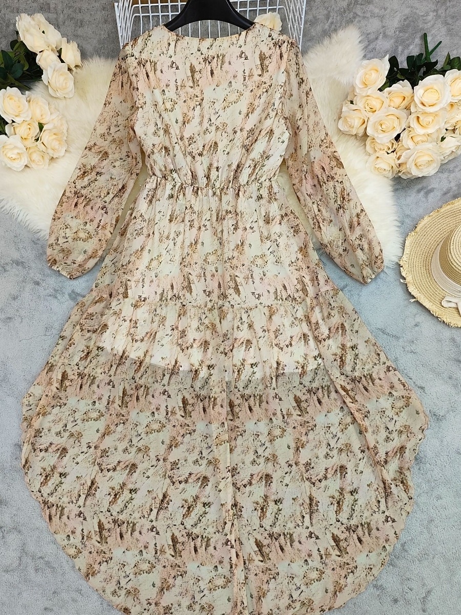 korean chiffon boho dress 2023 Beach Floral Chiffon Midi Dress Women Luxury Elegant Spring Summer Korean Fashion Casual Bodycon Party Evening Long Dresses