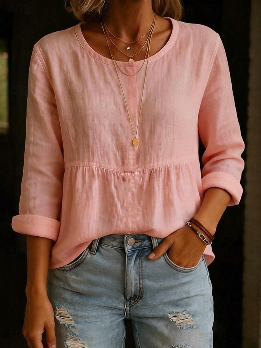 Mulheres Camisas com toque de linho Blusa Franzido Côr Sólida à moda Casual Manga Longa Gola Redonda Tops regulares Diário Azul Branco Verde Claro Rosa Verde Verão Primavera Outono de 2026 por $21.99 –P6