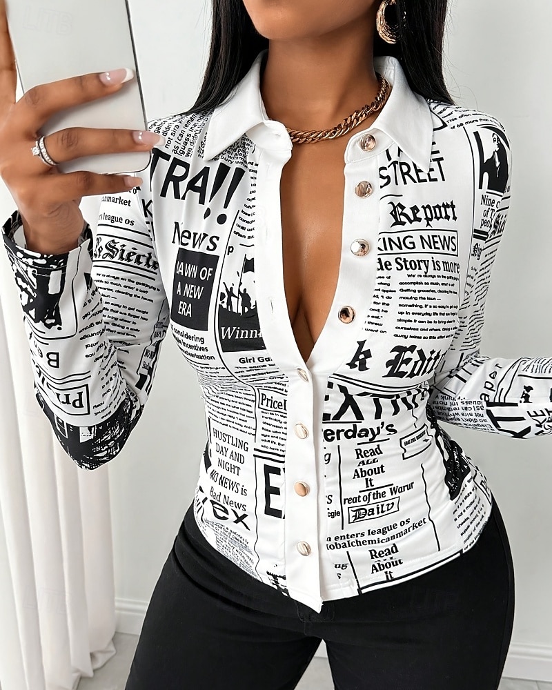 Women's Shirt Blouse Buttons Letter Stylish Modern Casual Long Sleeve Shirt Collar Regular Tops Daily Holiday Going out White Summer Spring 2026 - $32.99 –P1