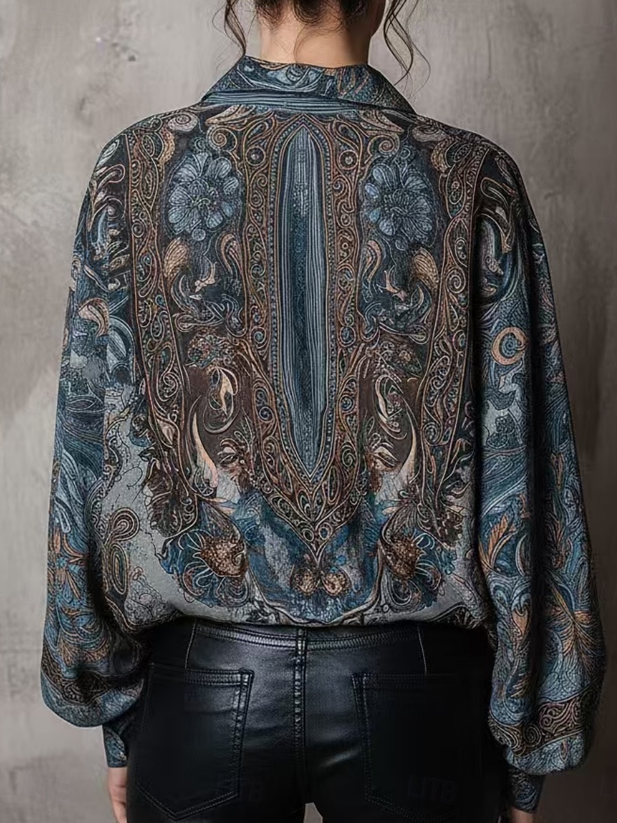 Mujer Camisa Camisa casual Cachemir Vintage Elegante Clásico Manga Larga Escote en Pico Tops regulares Diario Festivos Noche Azul Piscina Primavera Otoño 2026 - $61.99 –P2