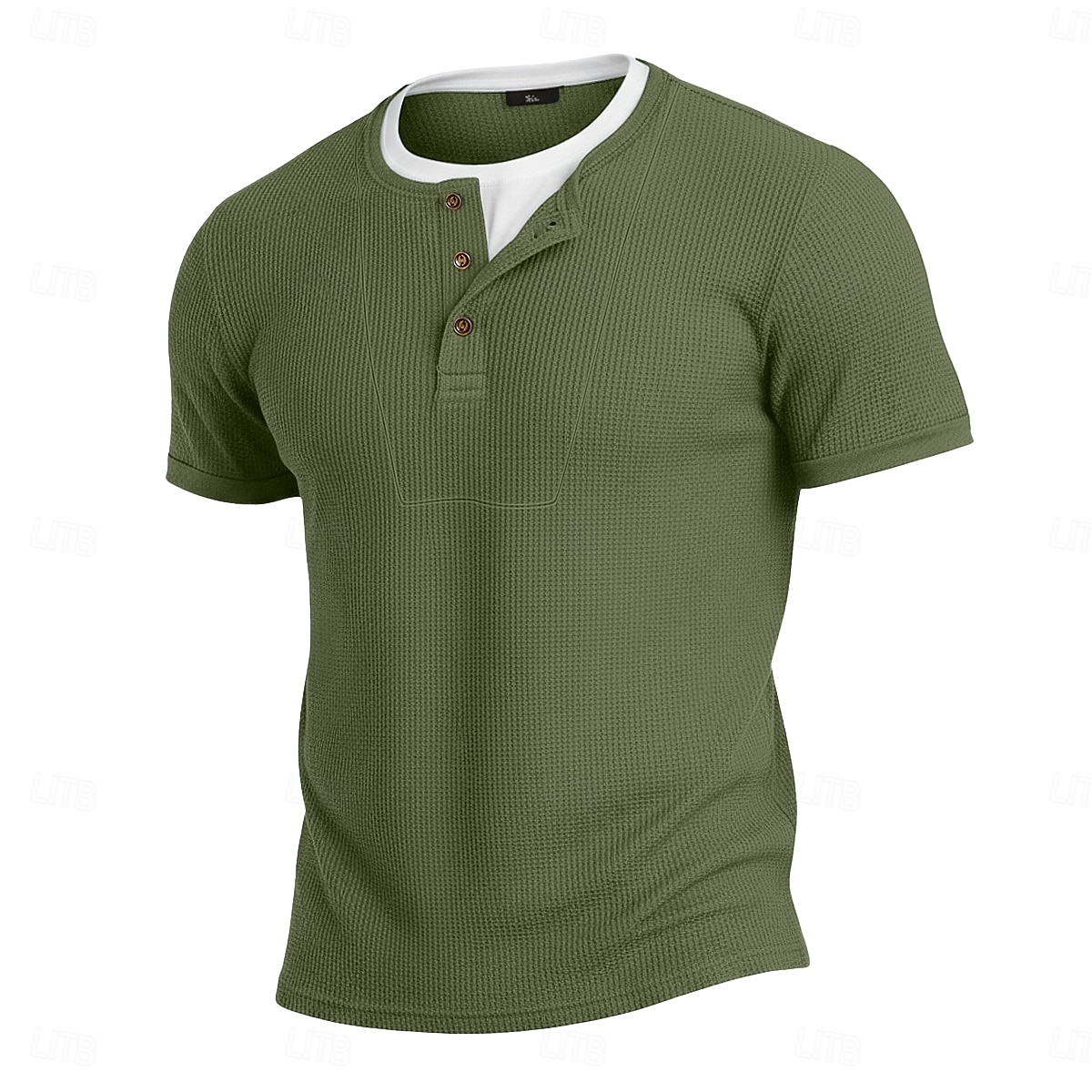 Men's Waffle Henley Shirt Tee Cotton Blend T-Shirt Short Sleeve Crew Neck Henley Summer Spring All Seasons Color Block Plain Textured Fashion Designer Casual Color Block Buttons Fake two piece Casual 2026 - $20.99 –P6