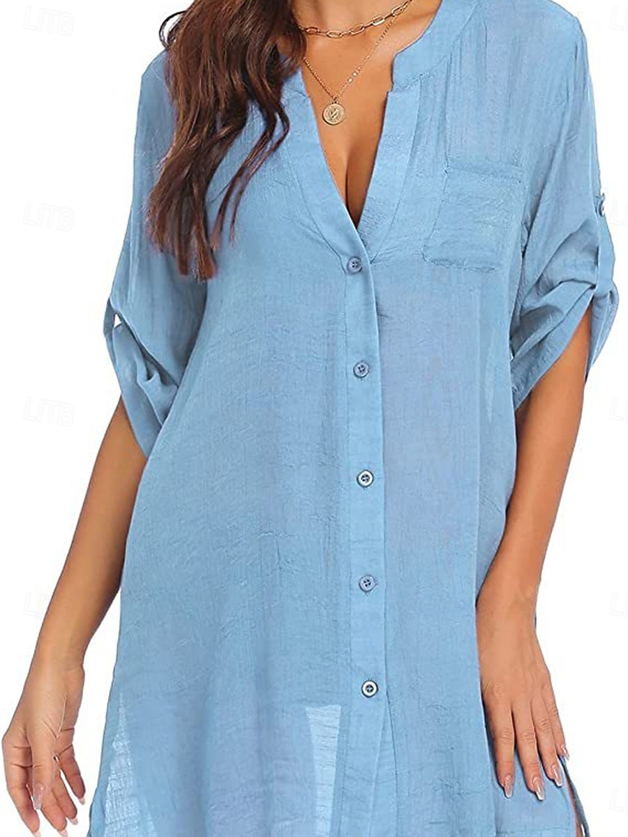 Per donna Mini Abito Abito Bianco Abito da Spiaggia Abito nero Copricostume Elegante Moda Classico Quotidiano All'aperto Spiaggia Vestibilità comoda Semplice Mezza Manica Scollo a V Blu Nero Bianco del 2026 a $28.99 –P9