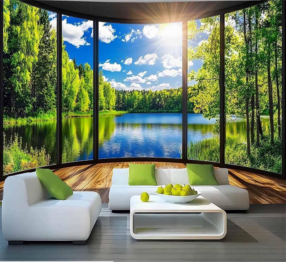 Tapiz de lago con vista de ventana en 3D, paisaje natural y forestal, colgante de pared, mural de paisaje de ventana falsa para sala de estar, sala de yoga, espacio de meditación 2026 - $20.99 –P1
