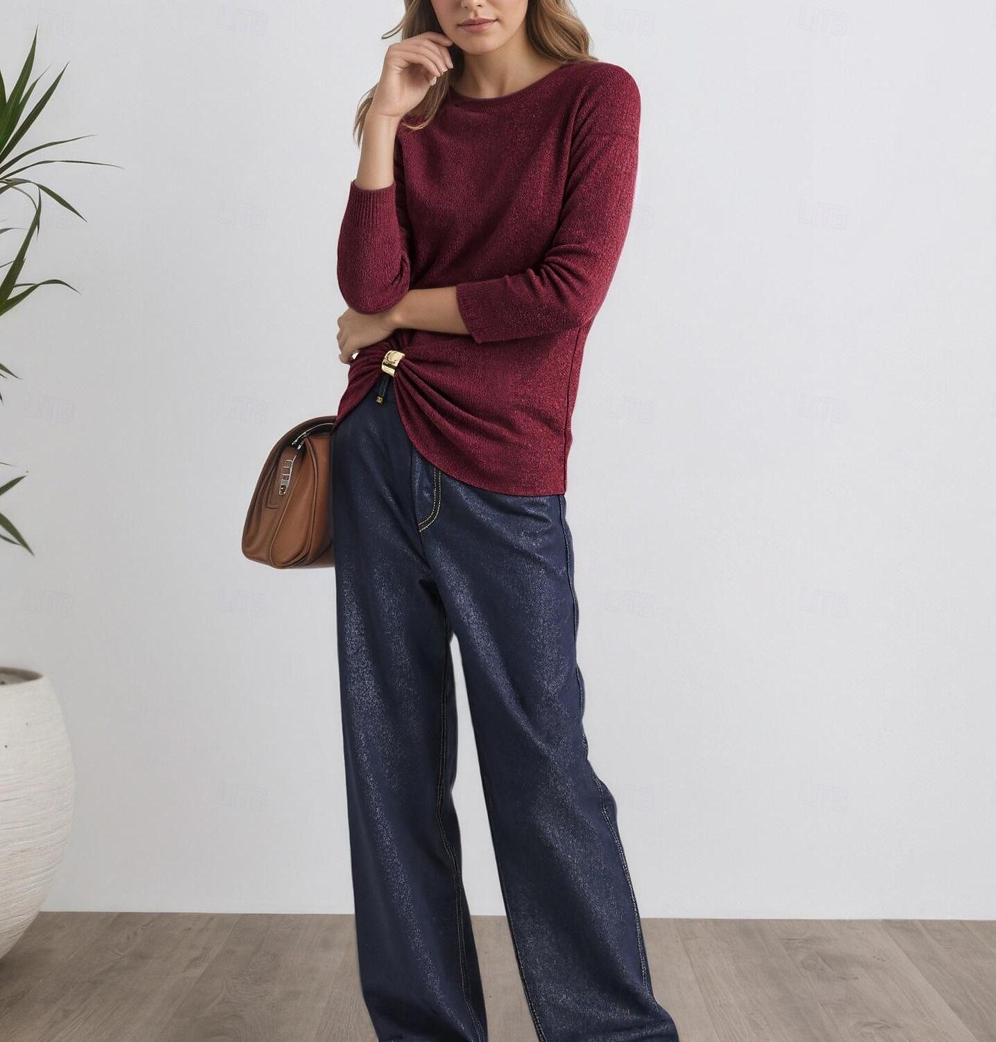 Femmes Flou Froncé Boucle en métal Couleur Unie Mode Occasionnel manche longue Col ras du cou Col rond Hauts Réguliers Quotidien Sortir Vin Printemps Automne de 2026 ? $22.99 –P3