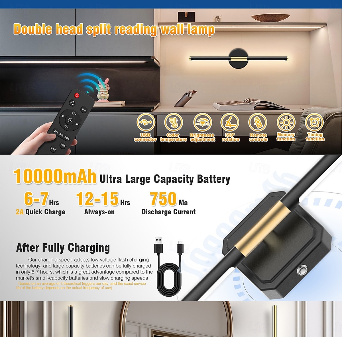 2026年 1/2個のデュアルヘッドウォールライト、コードレス磁気LED読書壁取り付け用燭台、調光可能な充電式ウォールランプ、寝室、リビングルーム、バスルーム、ミラーライト、階段照明用の調節可能な照明  コレクション – $77.99 –P4