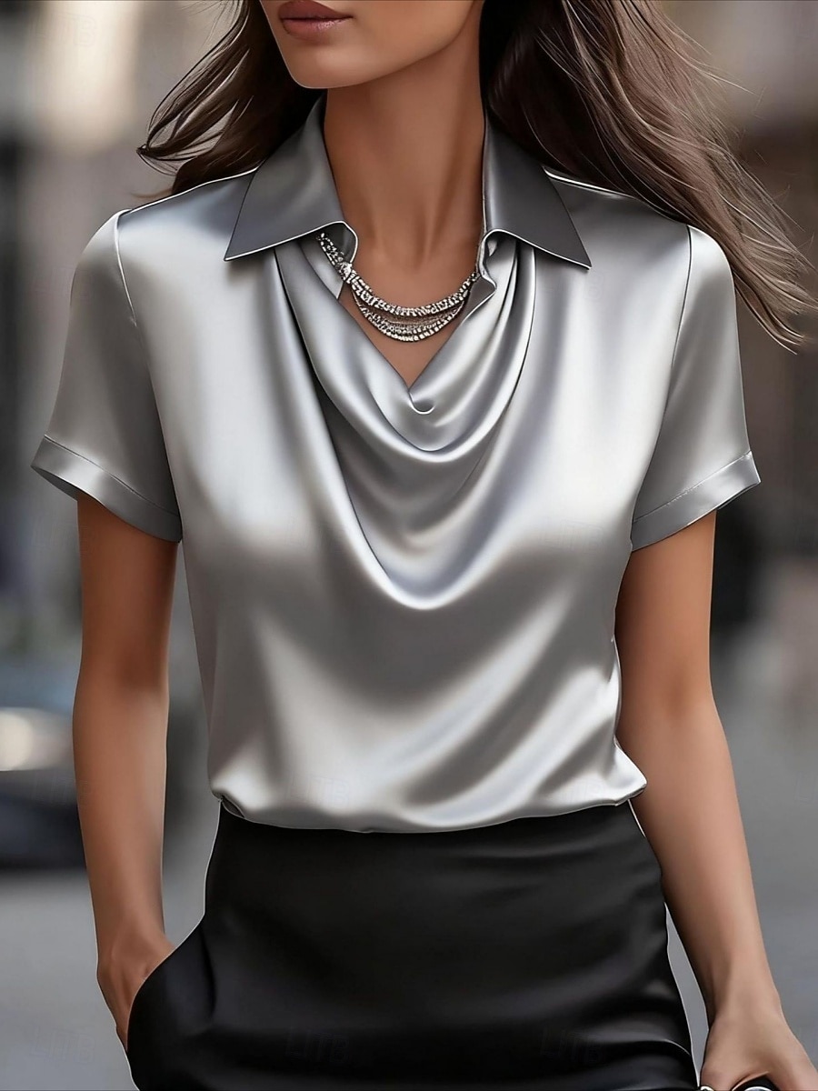 Жен. Атласная рубашка Рубашка Блуза Сплошной цвет Элегантный стиль Мода На каждый день С короткими рукавами Отложной Обычные топы Повседневные Офис Синий Черный Белый Желтый Серый Лето Весна 2026 - $24.99 –P3