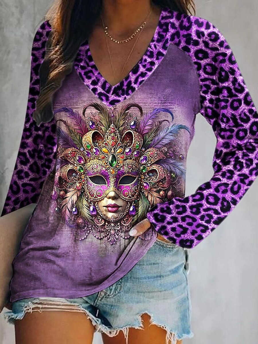 Carnaval Mardi Gras Pentru femei Tricou Imprimeu Ombre Grafic Leopard Elegant Stilat Clasic Manșon Lung În V Topuri obișnuite Zilnic Ieșire Sfârșit de săptămână Mov Trifoi Vară Primăvară Toamnă 2026 - $24.99 –P1
