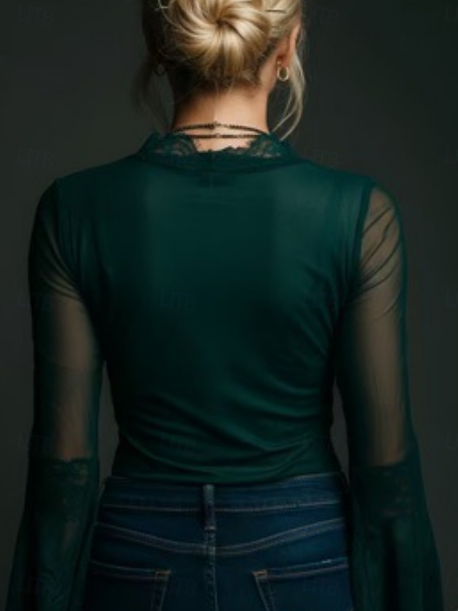 Damen Hemd Bluse Spitzentops Spitze Netz Einfach Stilvoll Basic Klassisch Langarm V Ausschnitt Normale Oberteile Täglich Ferien Ausgehen Grün Frühling Herbst 2026 - $65.99 –P2
