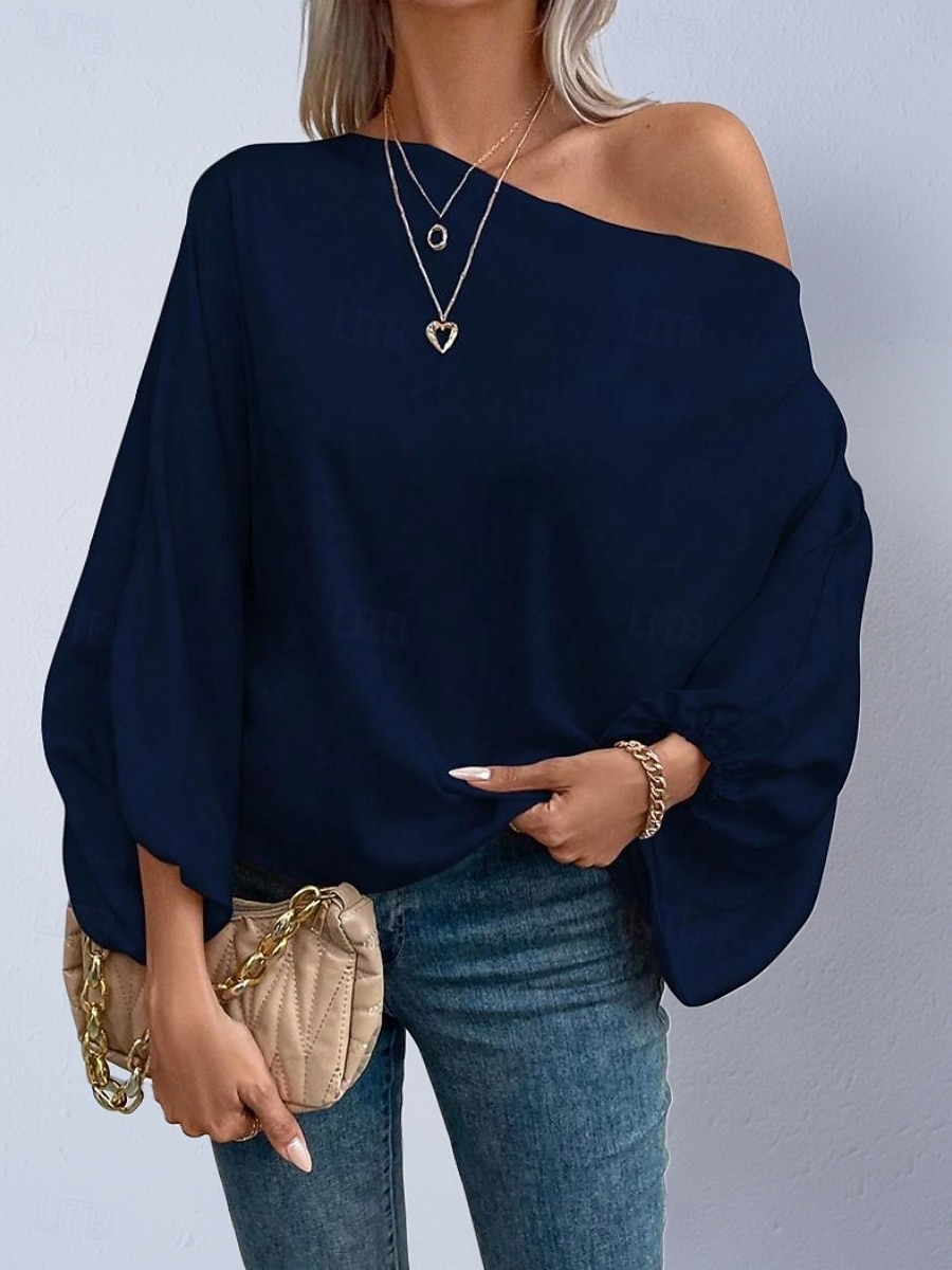 Dames Overhemd Satijnen overhemd Blouse Tops met blote schouders Effen Stijlvol Klassiek Modern Lange mouw Schouderafhangend Normale tops Dagelijks Feestdagen Uitgaan blauw Zwart Blozend Roze Rood 2026 - $27.99 –P15