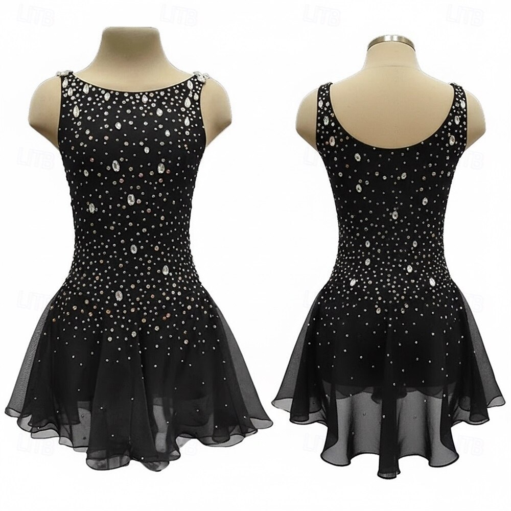 Figure Skating Dress Women's Ice Skating Dress Black Patchwork Asymmetric Hem Stretchy Training Competition Skating Wear Classic Crystal / Rhinestone Sleeveless Ice Skating Figure Skating 2026 - $269.79 –P1