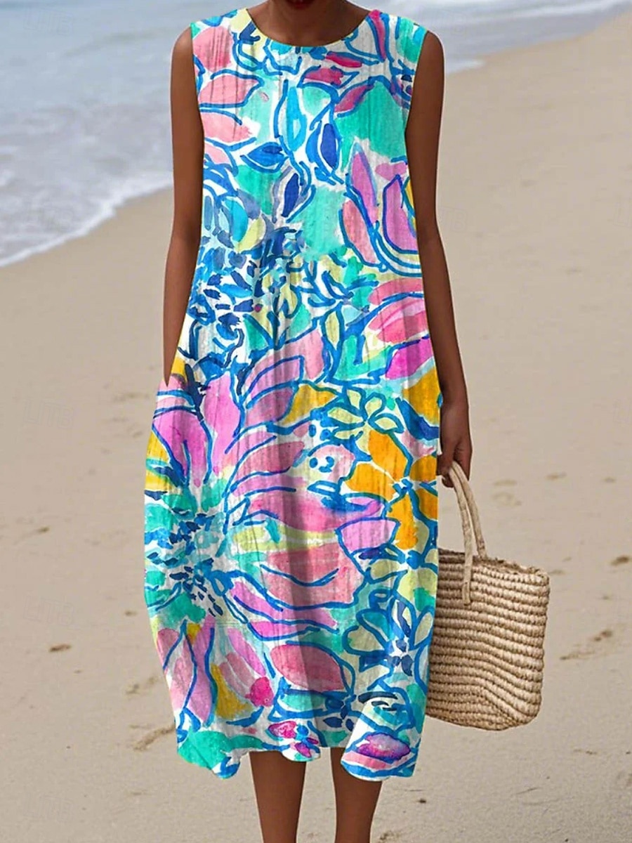 Damen Midi Kleid Leinenähnliches Sommerkleid Shift Kleid A-Linien Kleid Urlaub Freizeit Boho Strand Party Ausgehen Lockere Passform Floral Grafik Ärmelos Rundhalsausschnitt Blau Rosa Dunkelblau 2026 - $39.99 –P1