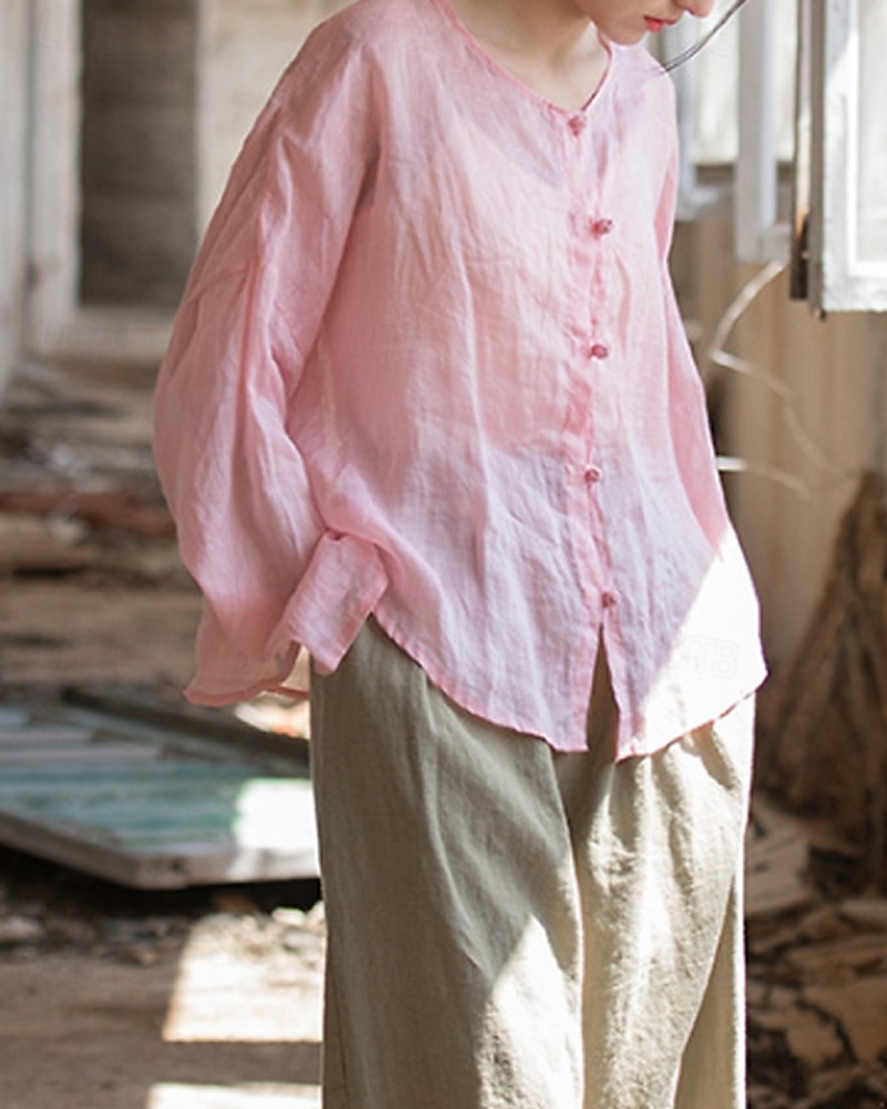 Camisa feminina 100% linho, blusa com botões, lisa, estilo vintage, manga longa, gola redonda, tops regulares para uso diário, férias, sair, nas cores preto, rosa, vermelho e verde, para verão e primavera. de 2026 por $45.99 –P5
