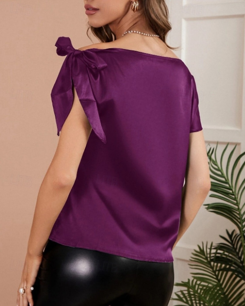 Women's Elegant Satin Top Summer Tops Blouse Plain Stylish Basic Classic Short Sleeve Off Shoulder Regular Tops Daily Work Holiday Black Pink Wine Green Summer Spring 2026 - $24.99 –P12